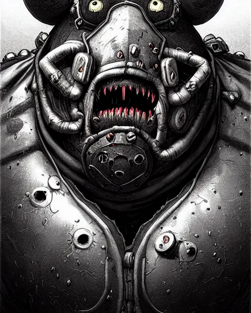Prompt: roadhog from overwatch, character portrait, portrait, close up, concept art, intricate details, highly detailed, horror poster, horror, vintage horror art, realistic, terrifying, in the style of michael whelan, beksinski, and gustave dore