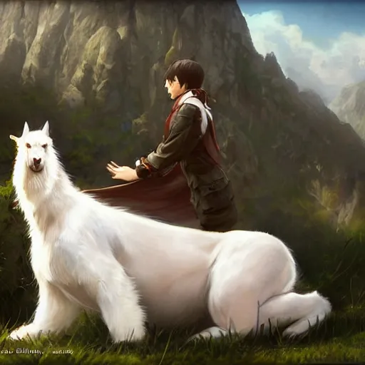 Image similar to a person hugging!!! a large white animal, a detailed painting by krenz cushart, pixiv contest winner, fantasy art, official art, detailed painting, pixiv. highly detailed. 4 k masterpiece. unreal engine. photorealistic. realism. cinematic. photorealism. wideshot