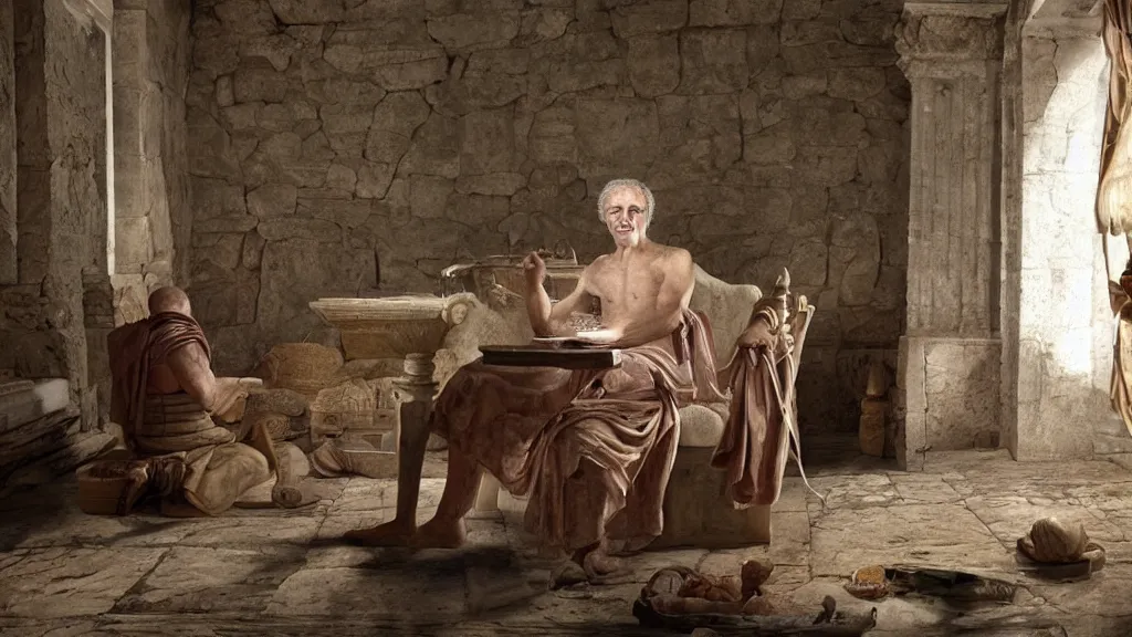 Prompt: Ancient roman citizen at home playing a computer game in his domus, 15 BC