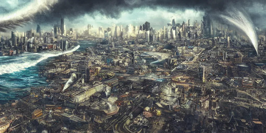 Image similar to tsunami wave crashing into steampunk city skyline, aerial view, cinematic wide shot, very detailed, realistic painting