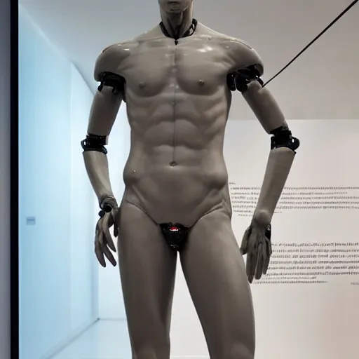 Prompt: “a realistic detailed photo of a guy who is an attractive humanoid who is half robot and half humanoid, who is a male android, Cristiano Ronaldo, shiny skin, posing like a statue, blank stare, at the museum, on display”