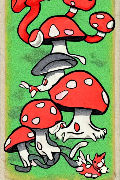 Prompt: mushroom cat creature, pokemon style, pokemon card