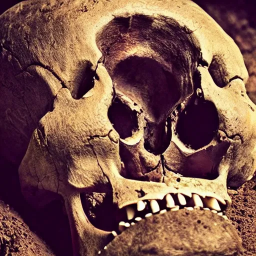 Image similar to “ high resolution photo of archeologists digging up the skull of a monster with horns and sharp teeth ”