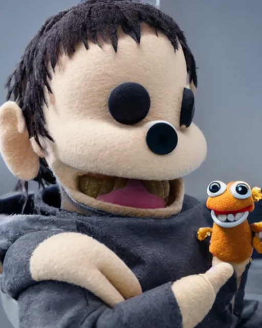 Image similar to death stranding as a muppet. highly detailed felt. hyper real photo. 4 k.