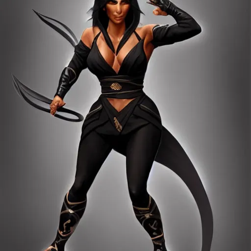 Image similar to unreleased concept art of kim kardashian as a ninja mortal kombat character, expressive pose, intricate, elegant, highly detailed, digital painting, artstation, concept art, smooth, sharp focus, illustration, art by artgerm and greg rutkowski and alphonse mucha