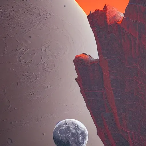 Image similar to a high angle on a wide, deep crack on a red moon with no atmosphere, industrial space colony hugging the cliffs on both sides of the crack, bridges crossing the gap, sci - fi art by cornelius dammrich