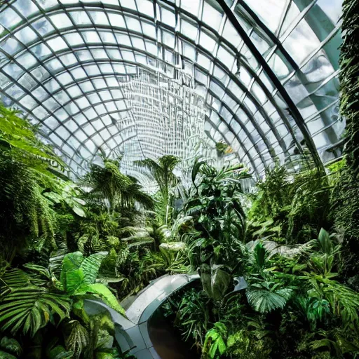 Prompt: stunning indoor jungle inside epic high technology biodome designed by zaha hadid, ultra detailed, highest quality