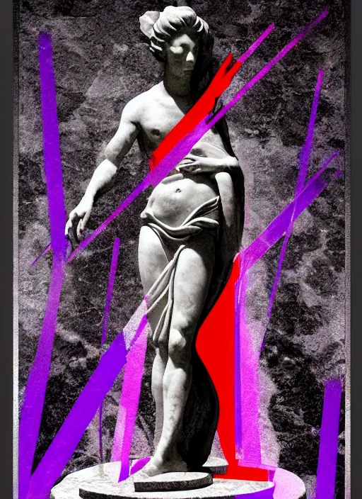 Image similar to elegant dark design poster showing a beautiful greco roman marble statue, black background with very subtle red and purple design elements, bold, powerful, nekro, vito acconci, thin straight purple lines, dark, glitch art, neo vaporwave, gritty, layout frame, square, trending on artstation