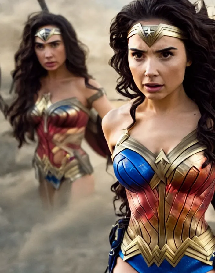 Prompt: movie still of demi rose as gal gadot wearing tube top from the movie wonder woman, directed by scott snyder, 4 k hd, oscar winning, high detail