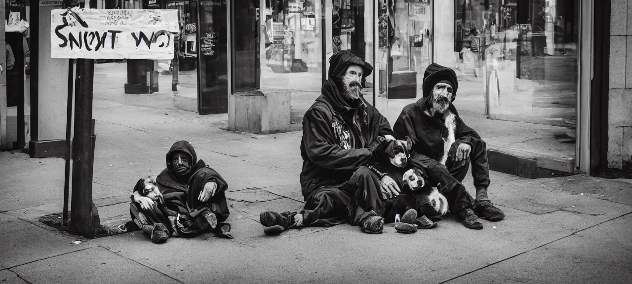 Prompt: Black and white portrait of a homeless man with his dog sitting on a busy city street corner with a cardboard sign. Award winning, depth of field