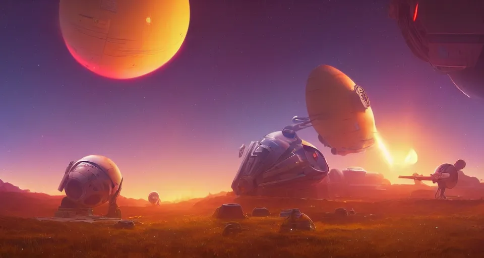 Image similar to Double Sunset on a mechanical planet, large twin sunset, cinematic, rendered by simon stålenhag, rendered by Beeple, Makoto Shinkai, syd meade, star wars, inspired by Gundam, environment concept, digital art, unreal engine, 3 point perspective, WLOP, trending on artstation, low level, 4K UHD image, octane render,