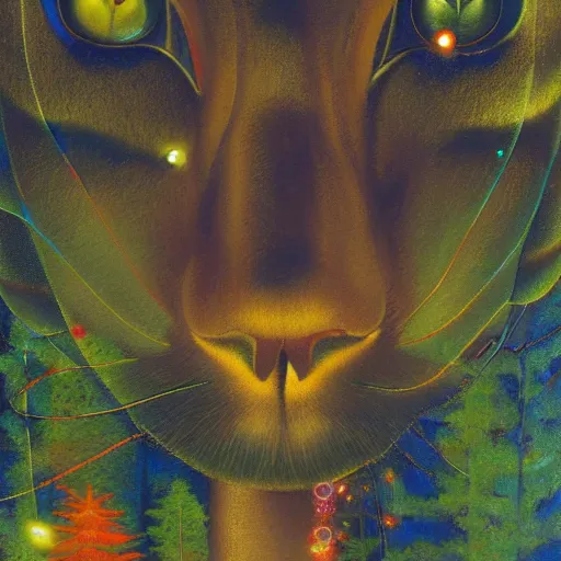 Image similar to psychedelic amber eyes cat eyes lush pine forest, outer space, milky way, designed by arnold bocklin, jules bastien - lepage, tarsila do amaral, wayne barlowe and gustave baumann, cheval michael, trending on artstation, star, sharp focus, colorful refracted sparkles and lines, soft light, 8 k 4 k