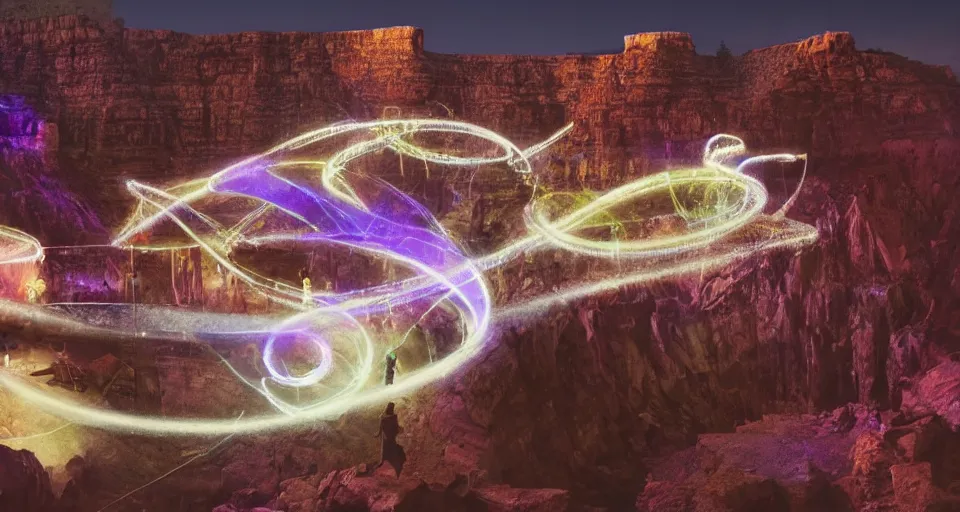 Prompt: miniature installation, macro photography, night, a lot of people and a spiral - shaped white luminous attractor is floating in grand canyon, concept art, art for the game, professional lighting, art