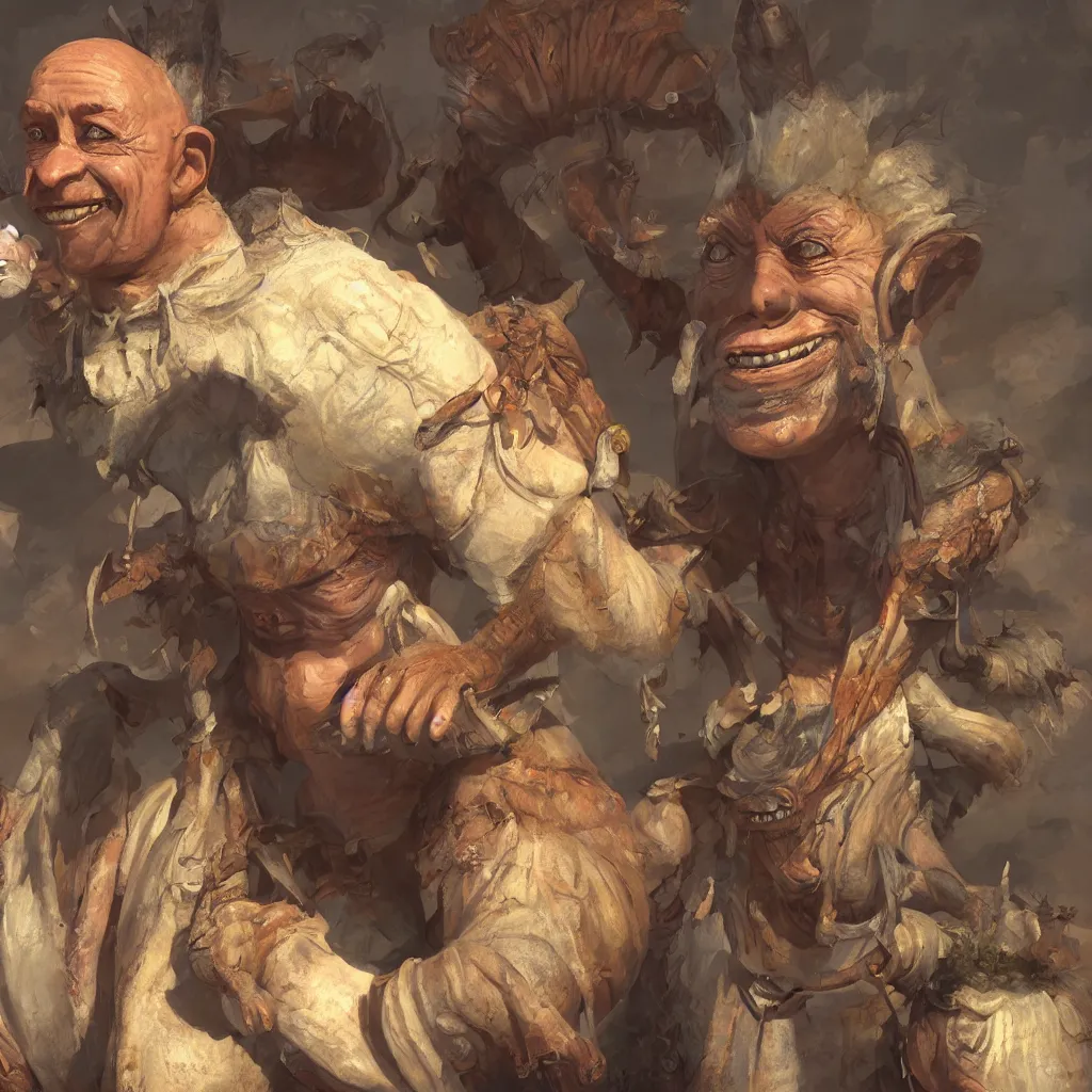 Image similar to a beautiful portrait painting of happy merchant creature by james gurney | unreal engine :. 3