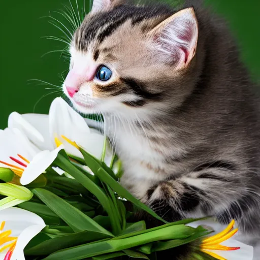 Image similar to A cute but sad kitten holding lilies in its mouth, 4k, award wining photo