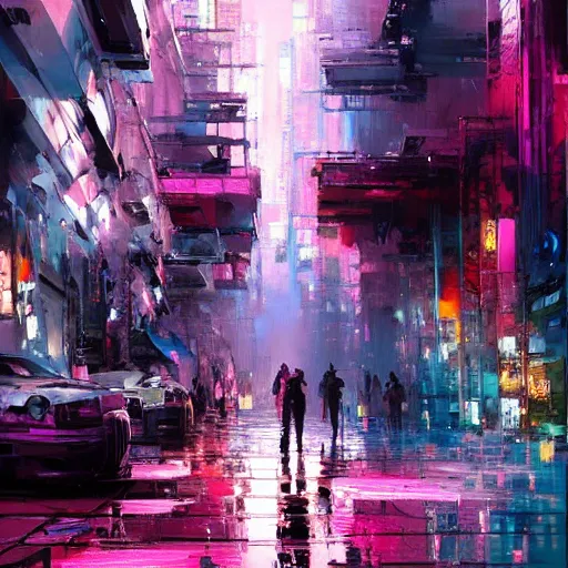 Image similar to acrylic painting, impressionism and expressionism, bold colors, expressive brushstrokes. a city street with pink flowers, cyberpunk art by wadim kashin, cgsociety, panfuturism, cityscape, dystopian art, anime aesthetic