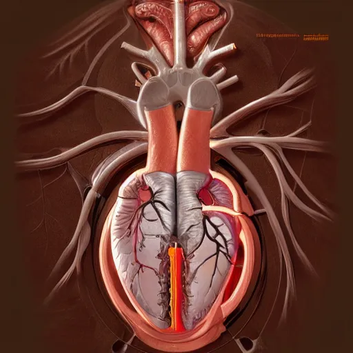 Image similar to cardiac anatomy, cardiac, anatomically correct, highly detailed digital painting, artstation, smooth, sharp focus, illustration, art by art germ and greg rutkowski and alphonse mucha