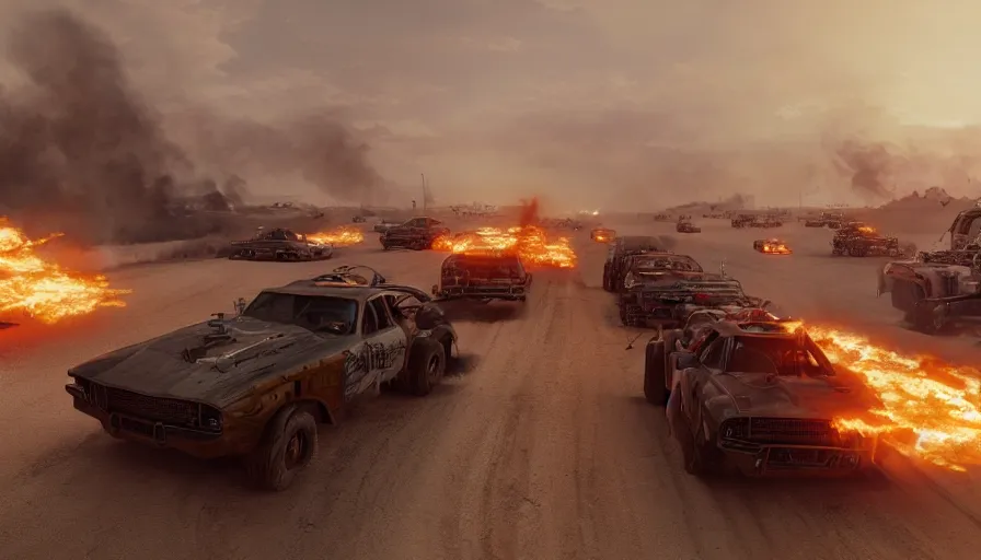 Image similar to Flaming trucks racing in Mad Max, hyperdetailed, artstation, cgsociety, 8k