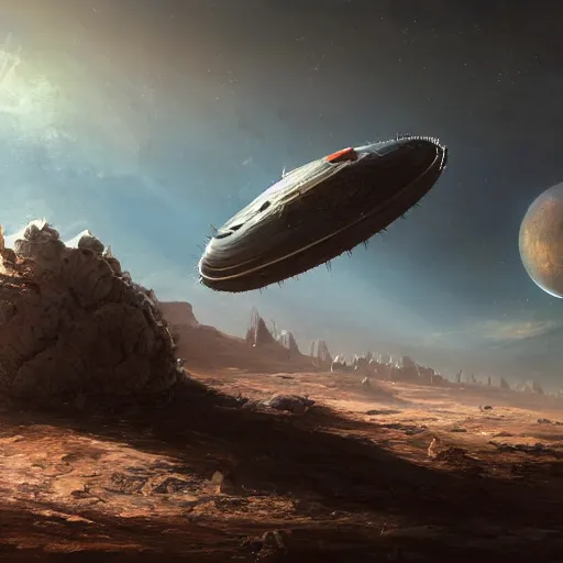 Prompt: a spiky imperial hamburger space ship travelling near a barren planet by Marek Okon, god rays, fantasy art, 4k, HDR, photorealistic, 8k, trending on artstation