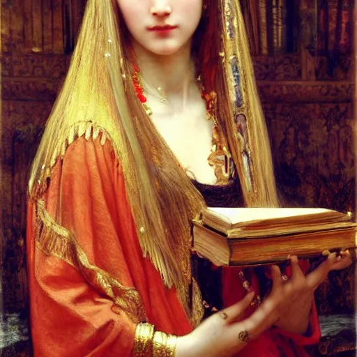 Prompt: orientalist portrait of a sad princess holding an iridescent ancient book intricate portrait by john william waterhouse and Edwin Longsden Long and Theodore Ralli and Henryk Siemiradzki, very coherent symmetrical artwork. Cinematic, hyper realism, high detail 8k