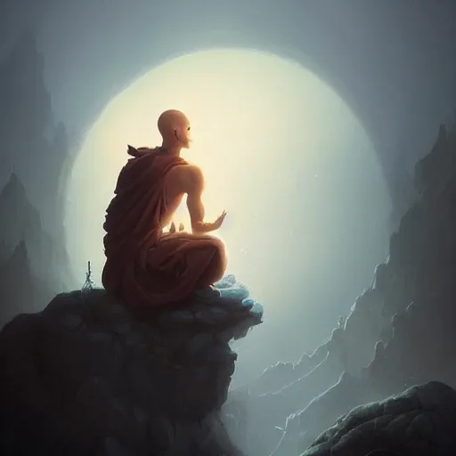 Image similar to in the style of peter mohrbacher, a glowing monk floating and meditating on a rock, dystopian landscape, intricate, masterpiece, award winning, fantasy, hyperrealism intricate