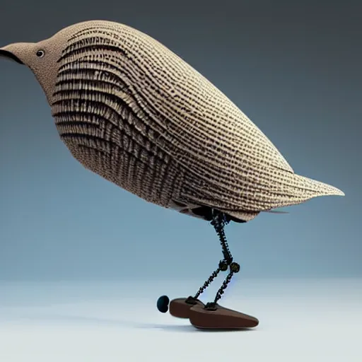 Prompt: beautiful artistic - wave highly detailed robotic bird, with head phones, by ben templesmith, dynamic lighting, gradient light blue, brown, blonde cream and white color scheme, grunge aesthetic