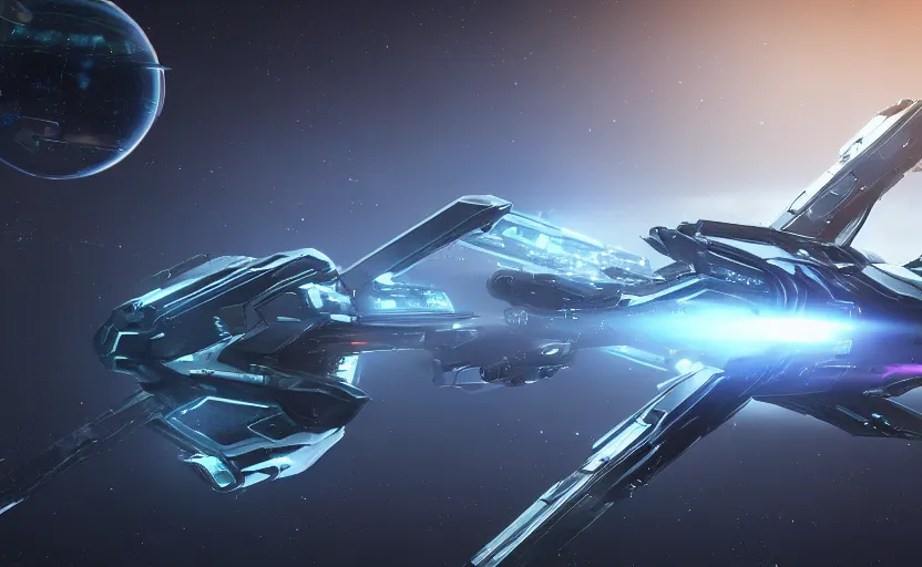 Prompt: a sleek silver space ship approaching a round, blue warp gate portal. Art style of Star Citizen, Unreal Engine Octane Render, 8K resolution trending on art station