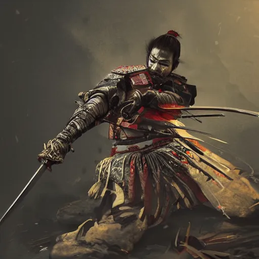 Image similar to Sickly diseased dying Samurai warrior wielding a katana, by Feng Zhu, highly detailed, excellent composition, cinematic concept art, dramatic lighting, trending on ArtStation