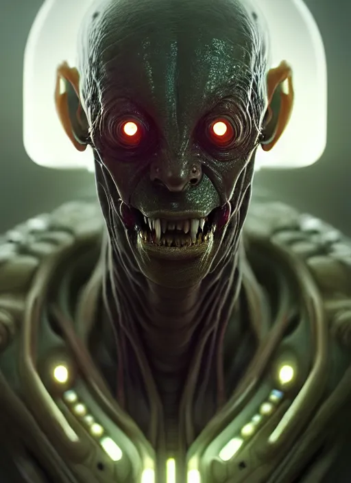 Image similar to portrait of a space alien, varying detailed skin, octane render, piercing glowing eyes, realistic render, detailed, ugly, slimy unreal engine, symmetrical!!, greg rutkowski and ruan jia, cinematic