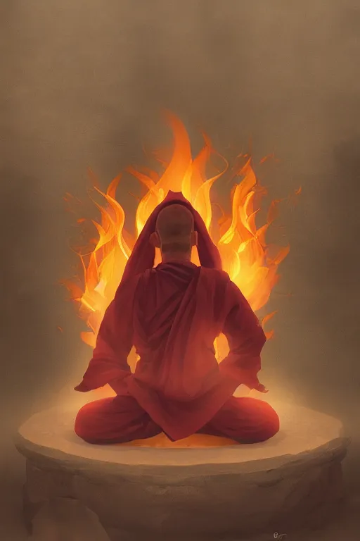 Image similar to A single monk meditating in fire by Afshar Petros, Trending on artstation.