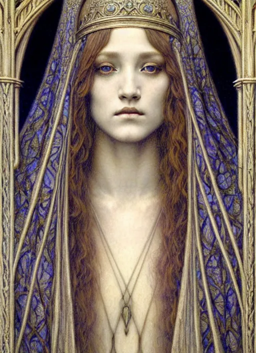 Image similar to detailed realistic beautiful young medieval queen face portrait by jean delville, gustave dore and marco mazzoni, art nouveau, symbolist, visionary, gothic, pre - raphaelite. horizontal symmetry