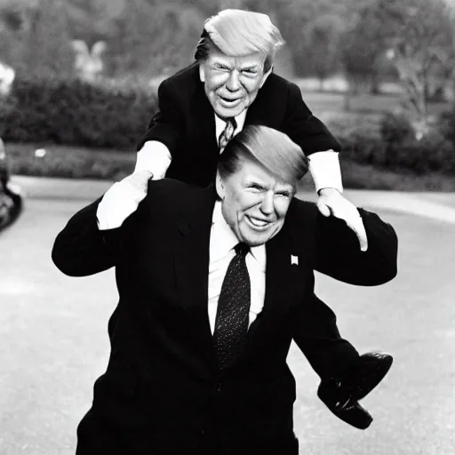 Image similar to dwarf trump getting a piggy - back ride from ronald reagan