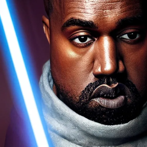 Image similar to Portrait of Kanye West as a jedi in Star Wars, holding lightsabre. splash art, cinematic lighting, dramatic, octane render, long lens, shallow depth of field, bokeh, anamorphic lens flare, 8k, hyper detailed, 35mm film grain