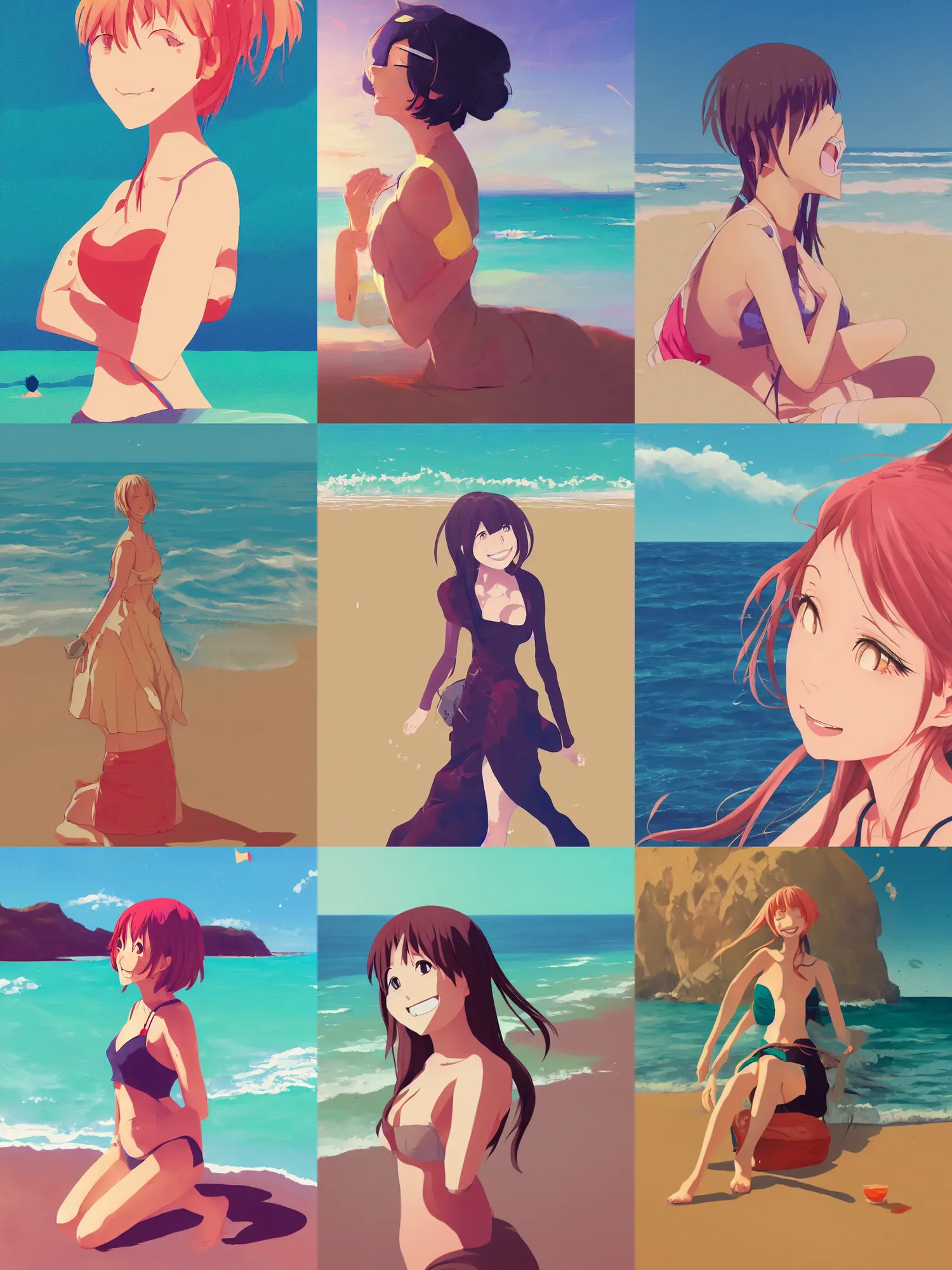 Prompt: Portrait of a happy anime woman on the beach near the ocean, james gilleard, very comfy