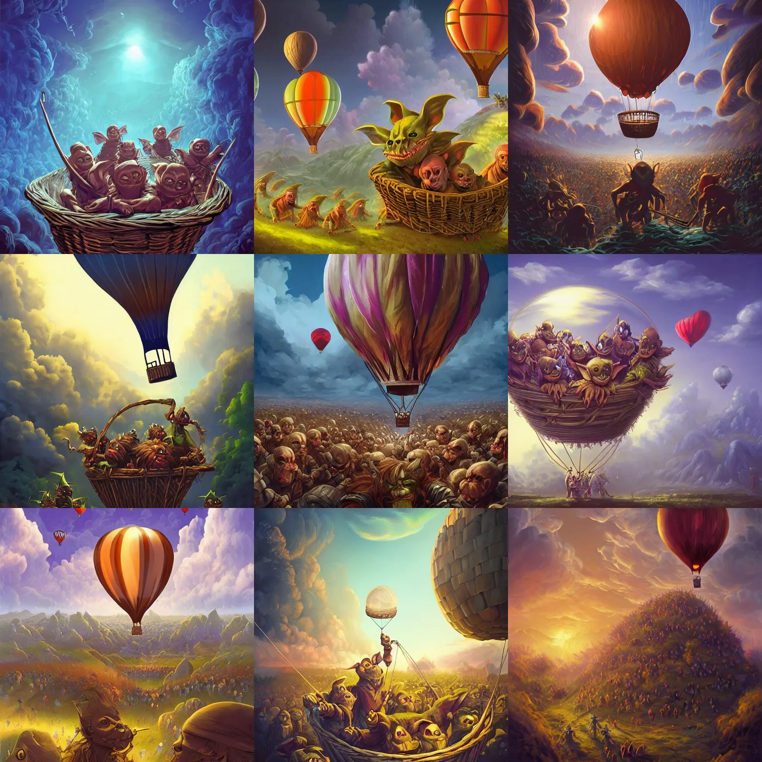 Prompt: A Beautiful digital artwork of the A bunch of goblins in the basket of a travel balloon, war and battle, dark fantasy, in style by Dan Mumford, Cyril Rolando and M.W Kaluta, 8k resolution, Ultrafine details, Rendered in Unreal Engine 5, Cinematic Composition, Reimagined by industrial light and magic, smooth,4k, beautiful lighting, HDR, IMAX, Cinema 4D, shadow depth