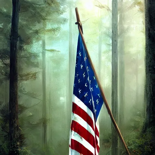 Image similar to tiny american flag in the forest, digital art by ruan jia and mandy jurgens and artgerm, realistic face, highly detailed, trending on artstation, award winning