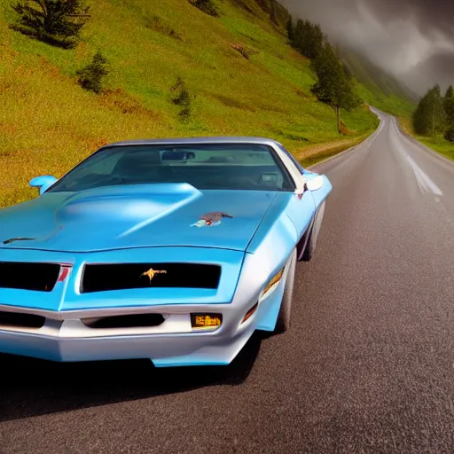 Image similar to pontiac firebird trans - am driving towards the camera, norway mountains, cinematic, volumetric lighting, foggy, wide shot, low angle, large lightning storm, thunder storm, tornado