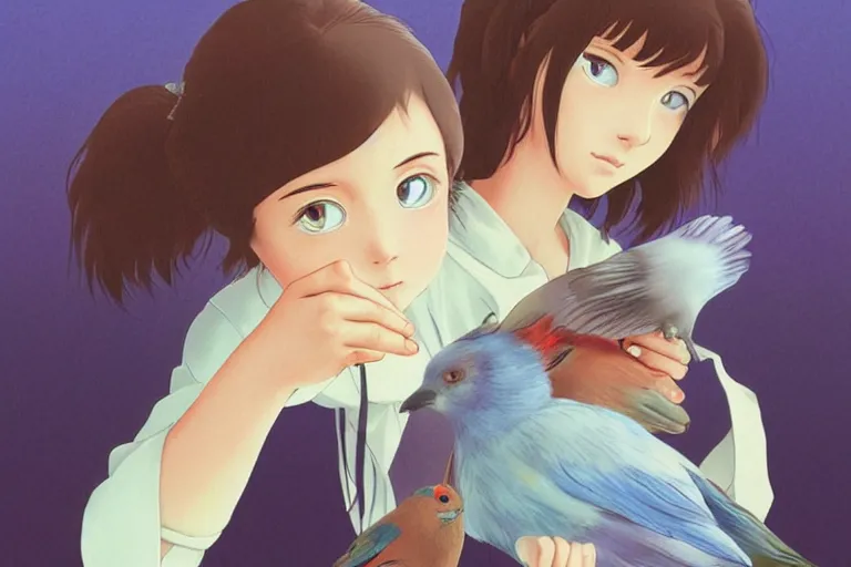 Image similar to young pretty girl holding a bird in her hands, looking touched, Fragile looking character portrait , beautiful scene; highly detailed art, by Studio Ghibli , High contrast, anime art