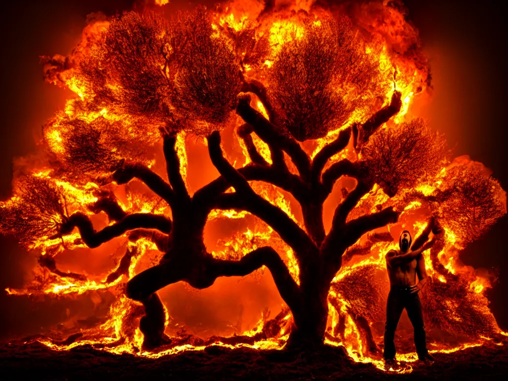 Prompt: award - winning color photo of a man painfully transforming into an oak tree, screaming in agony, blood, a blinding explosion in the background, the soil is on fire, chiaroscuro, awe, terror, beauty