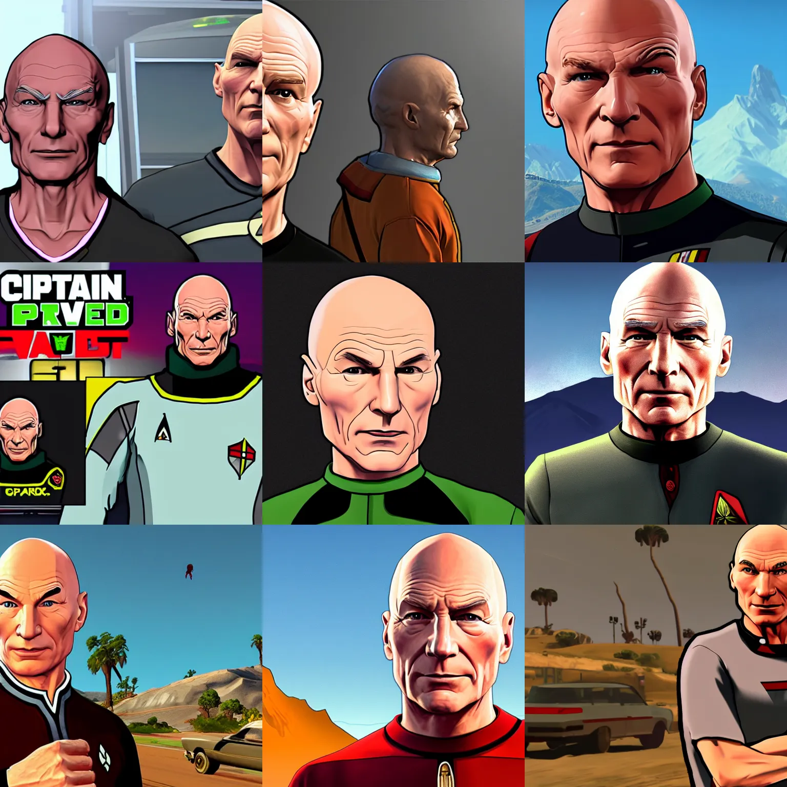 Prompt: Captain Picard in the style of GTAV art