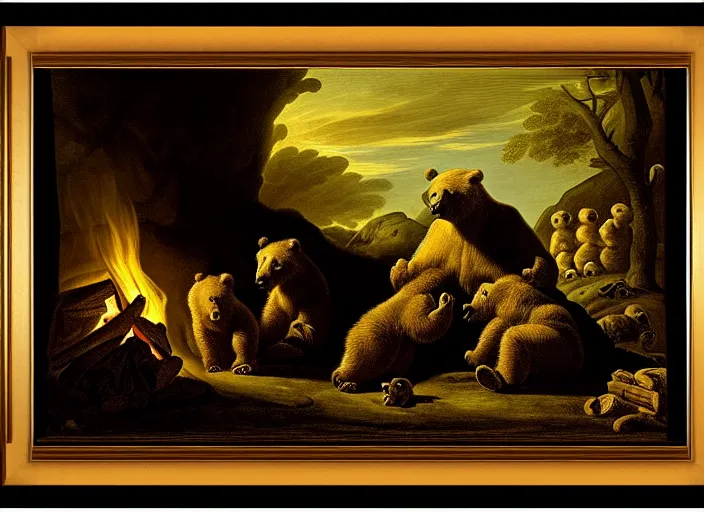 Image similar to Pieter Claesz's 'bear and her cubs sleeping in a dark cave lit by campfire', night time, cross hatching, framed