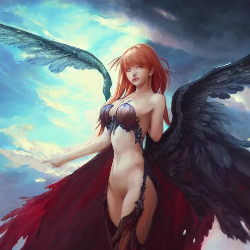 Image similar to an oil painting of a beautiful anime girl with demon wings, by artgerm, wlop and greg rutkowski, hd, hdr, ue 5, ue 6, unreal engine 5, cinematic 4 k wallpaper, 8 k, ultra detailed, high resolution, artstation, award winning