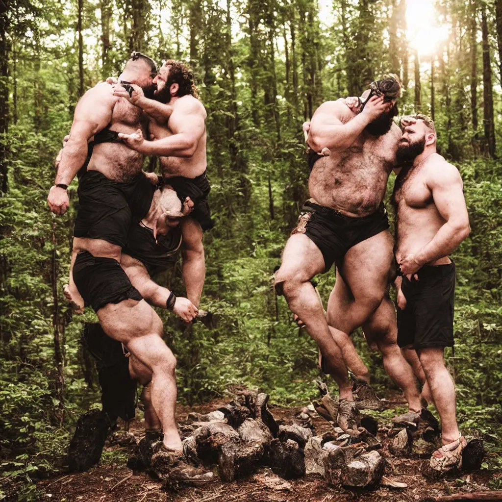 Image similar to two big hairy strongmen husbands in shorts in a forest, kissing around a campfire, daddy energy, wholesome, cute, love, photography, high details, epic, high resolution