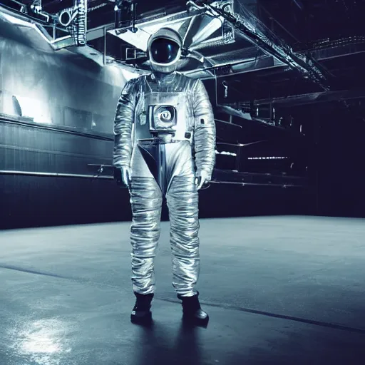 Image similar to mysterious man in silver space suit, walking on a small industrial catwalk, floating in the darkness of space, with a black background, photograph, wide angle, long shot