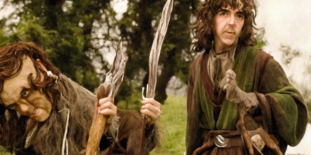 Image similar to A full color still of young George Harrison in Hobbit makeup and costume, in The Lord of the Rings directed by Stanley Kubrick,