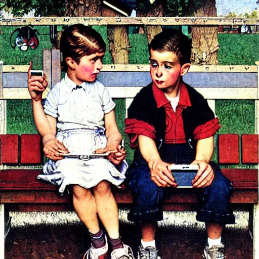 Image similar to boy and girl at a playground staring at iphones, by norman rockwell