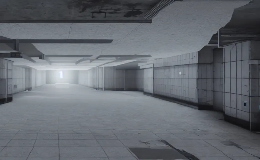 Prompt: in - game screenshot of a first person shooter on unreal engine 5, narrow modern hallways of a secret government facility, white dry wall, photorealistic, liminal, brutalism, minimalism, soft vintage glow