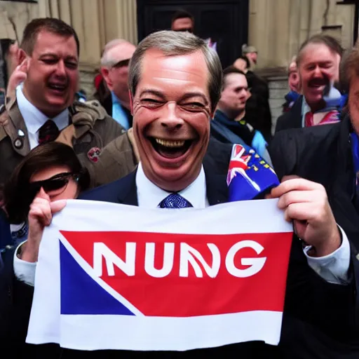 Image similar to nigel farage laughing holding burning eu flag, photograph, hd