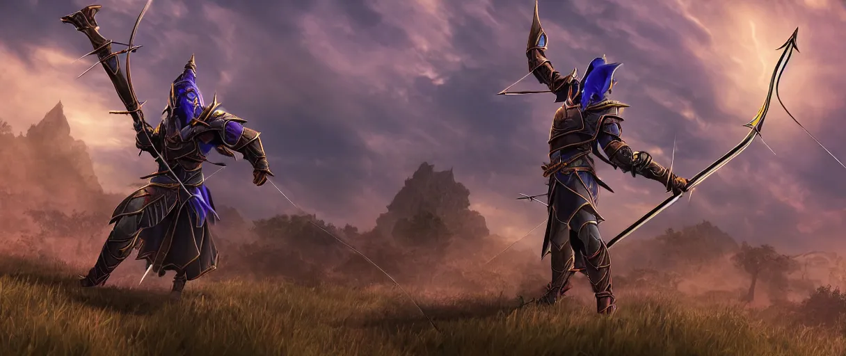 Prompt: a armored night elf hunter casting arrows with bow lord dramatic lighting cinematic establishing shot extremely high detail foto realistic cinematic lighting post processed