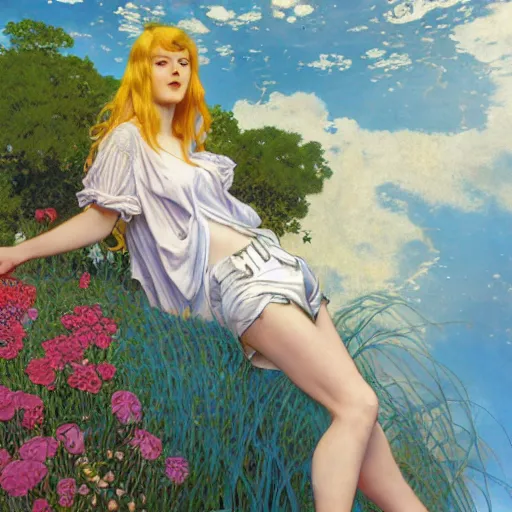 Image similar to A playful young woman with blonde long hair and bangs in shorts and a white blouse drawn by Robert McGinnis and Julie Bell and Zeronis and alphonse mucha, background by James Jean and gustav klimt, 4k, sunny day, volumetric lighting, french nouveau, trending on artstation, octane render, hyperrealistic